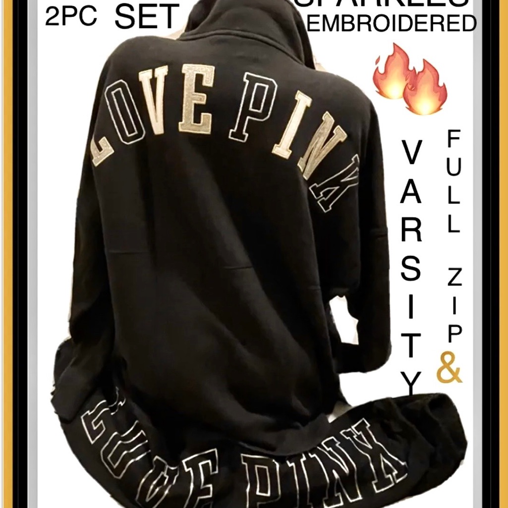 New Victorias Secret Pink Rare Bling Full Zip Sweatshirt Jacket Sweater & Pants